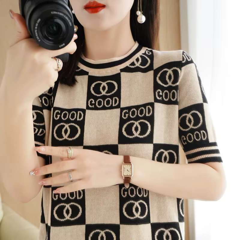 Cotton Short-Sleeved Sweater Spring/Summer 2023 New Letter Jacquard T-Shirt Round Neck Loose Half Sleeve Bottoming Top