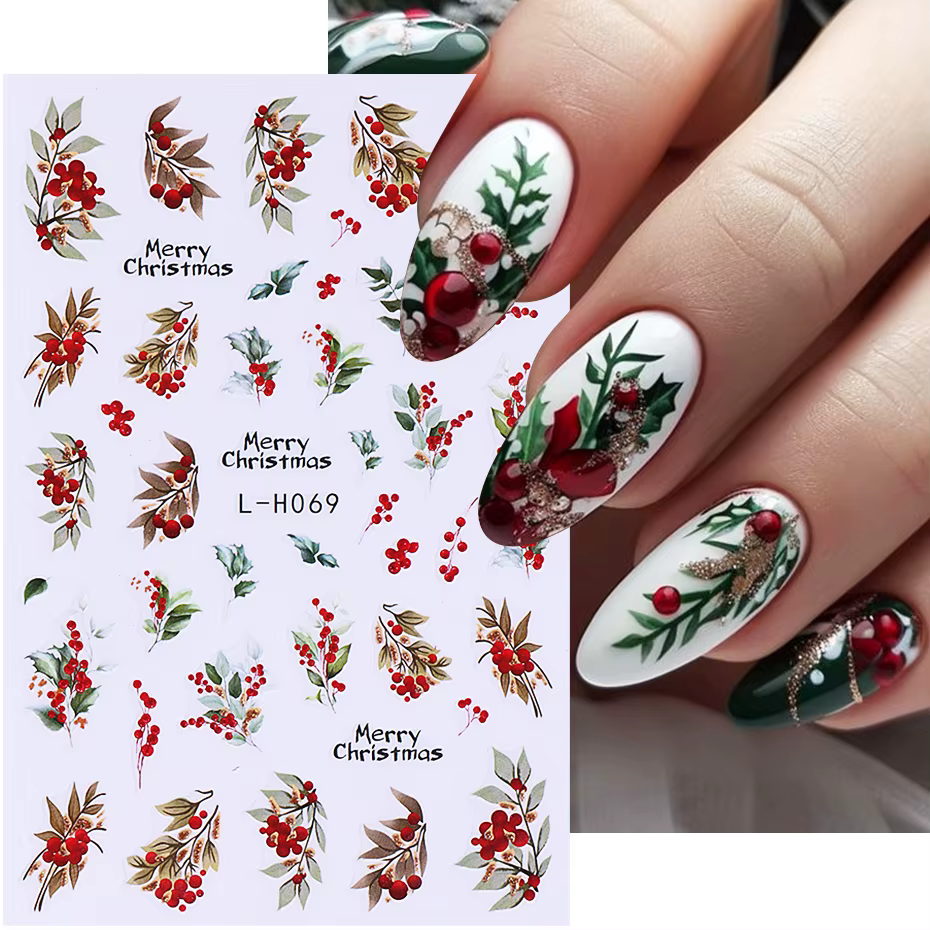 Christmas Cartoon Nail Art Stickers 3D Winter Glitter Gold Santa Claus Snowman Red Holly Fruit Adhesive Decal DIY Manicure Decor