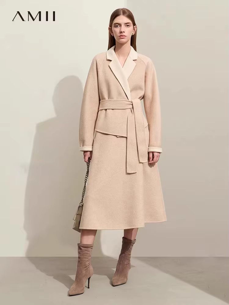 AMII Dress Sets For Women 2023 Winter New Lapel Collar Raglan Sleeve Wool With Belt Coat Solid Mid-Calf Lady Skirt Suit 12344111