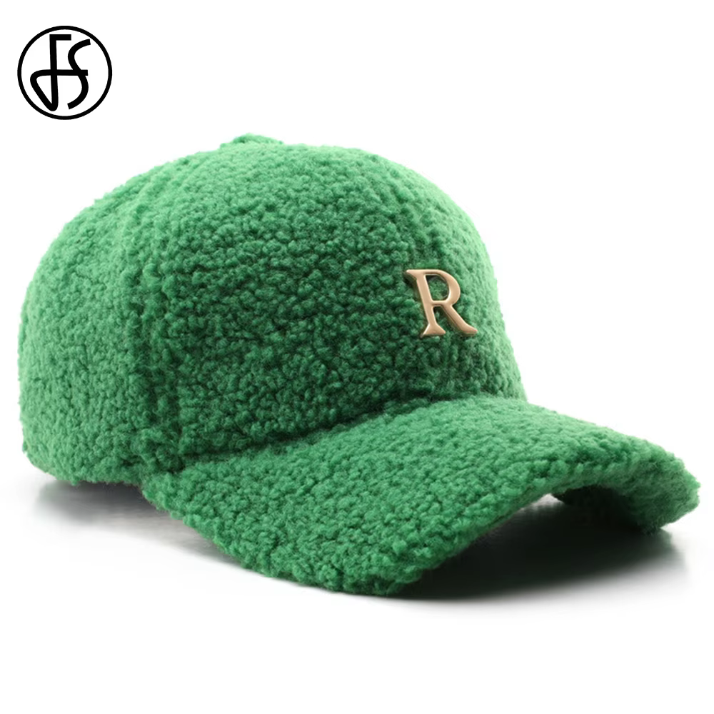 FS Luxury Brand Green Lambswool Baseball Caps For Men Windproof Warm Winter Women Cap Golden Letter Trucker Hat Casquette Homme