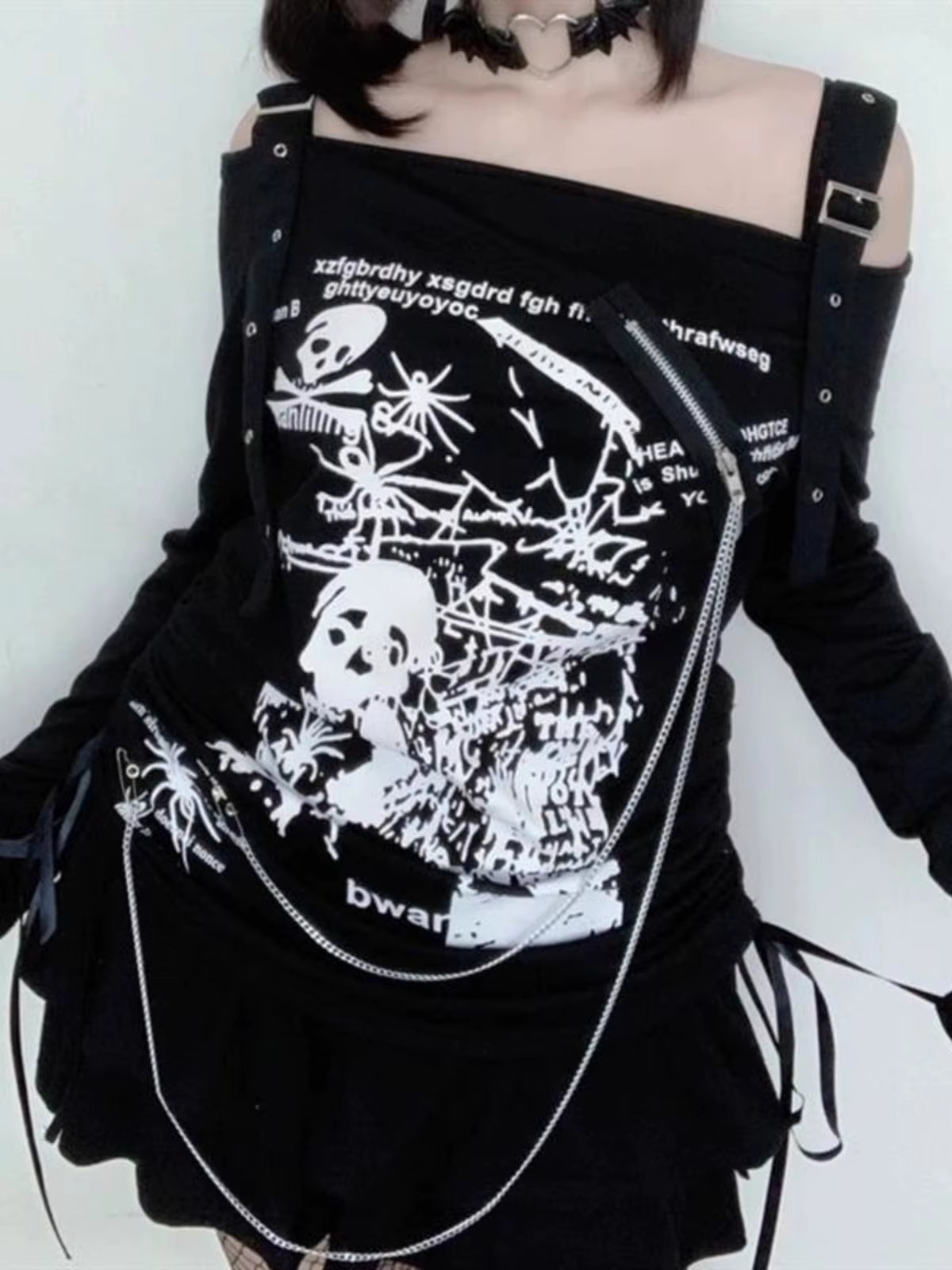 Y2K Woman Clothing arcane stitch T-shirts 2024 Goth Punk Off Shoulder Long Sleeve Casual Vintage Sexy Streetwear Skulls tops