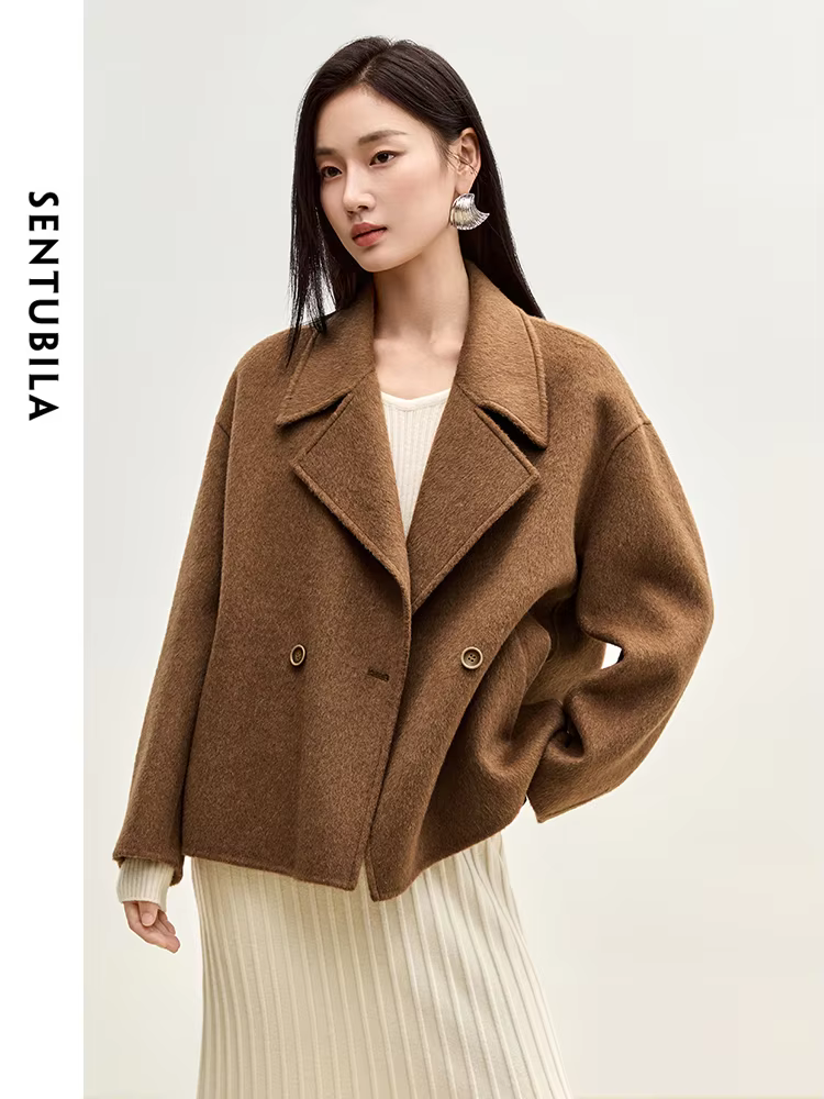 SENTUBILA Winter Short Woolen Jackets Women Outerwear 2024 Fashion Notched Collar Double Breasted Loose Coats Female W44O56123