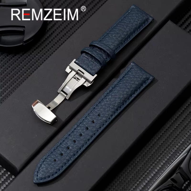 Calfskin Watchbands Litchi Grain Strap Watch Accessories 18/20/22/24mm Genuine Leather Wristwatch Band With Butterfly Buckle