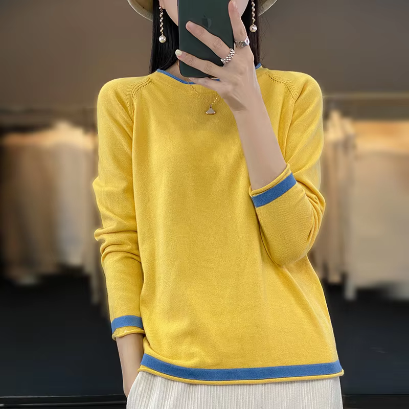 100% Cotton Knitwear Women's Round Neck Sweater Spring And Summer New Loose Color Matching Cotton And Linen Bottoming Shirt