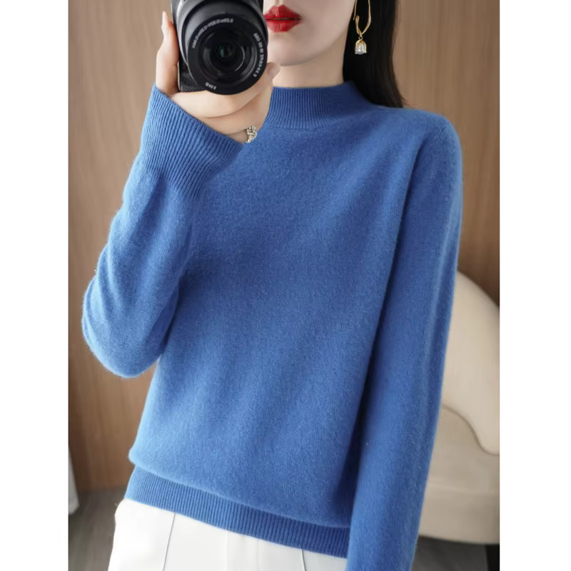 2025 Basic Knitted Shirt Women's Half High Collar Top Comfortable And Versatile Bottom Shirt Multi Color Long Sleeve Sweater