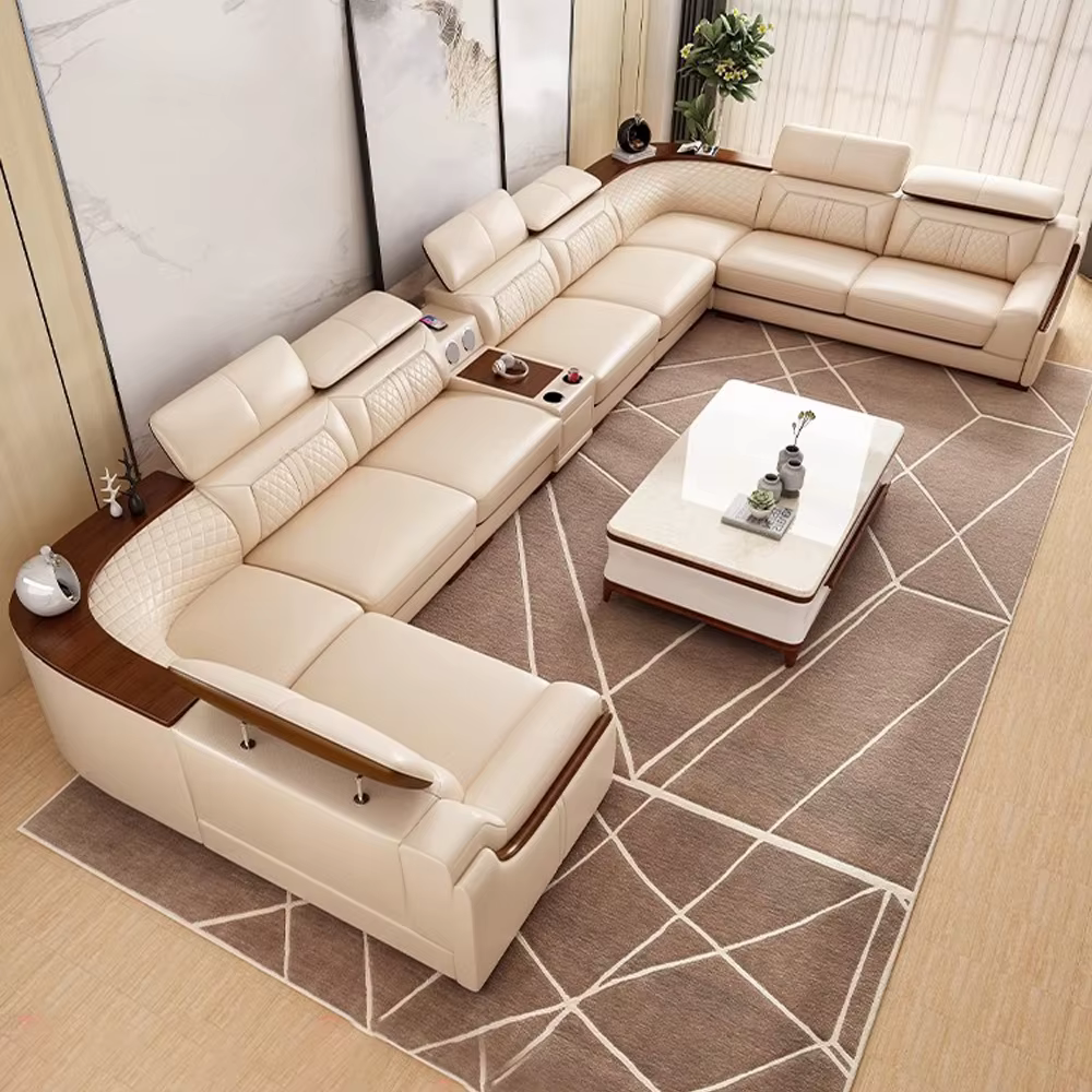 Premium Italian Leather Couch Set with Cup Holder, USB, Adjustable Headrests & Bluetooth Speaker - Linlamlim Living Room Sofas
