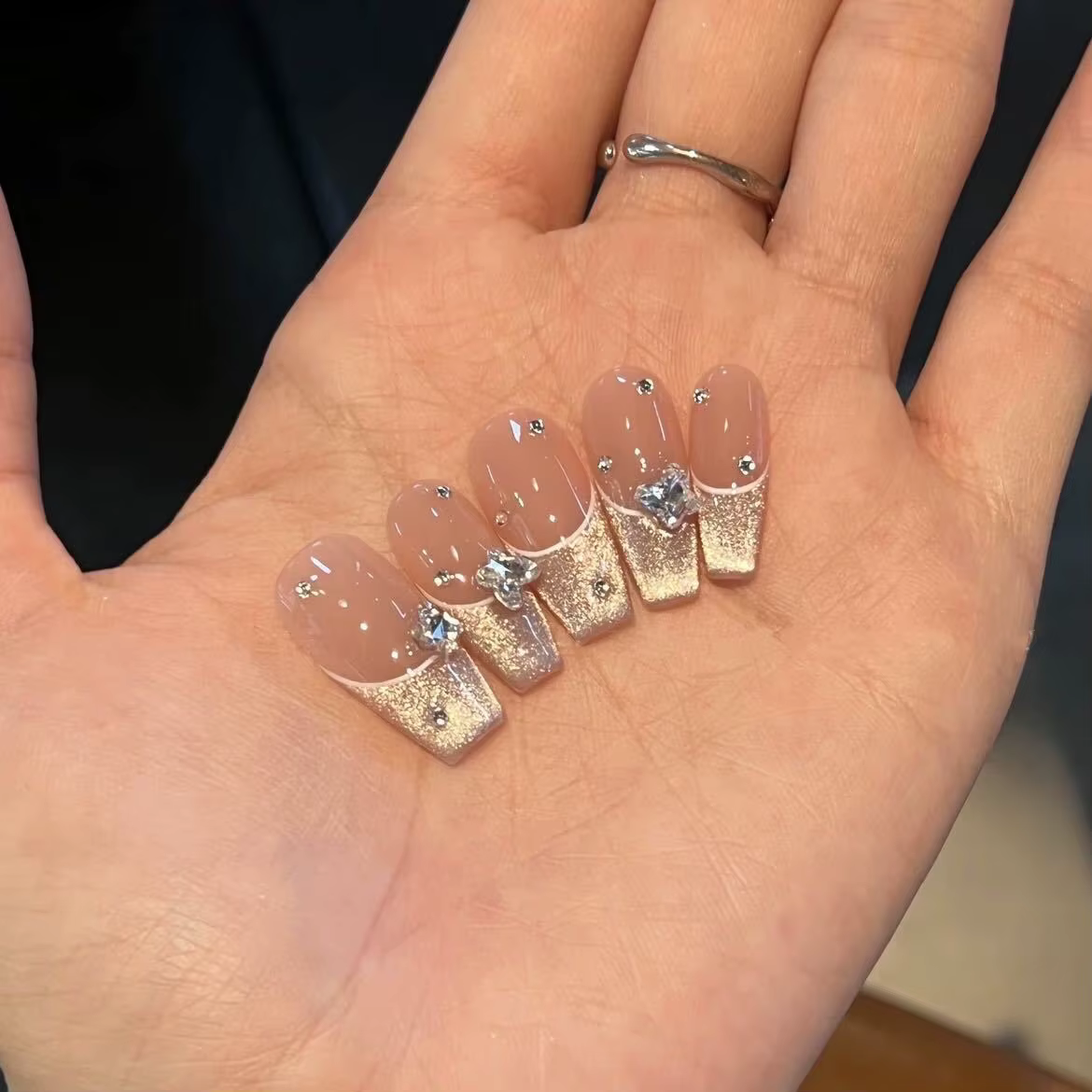 Handmade Elegant Press on Nails Cat Eye French Manicure With Rhinestone False Nails Acrylic Artificial Manicure Long Coffin
