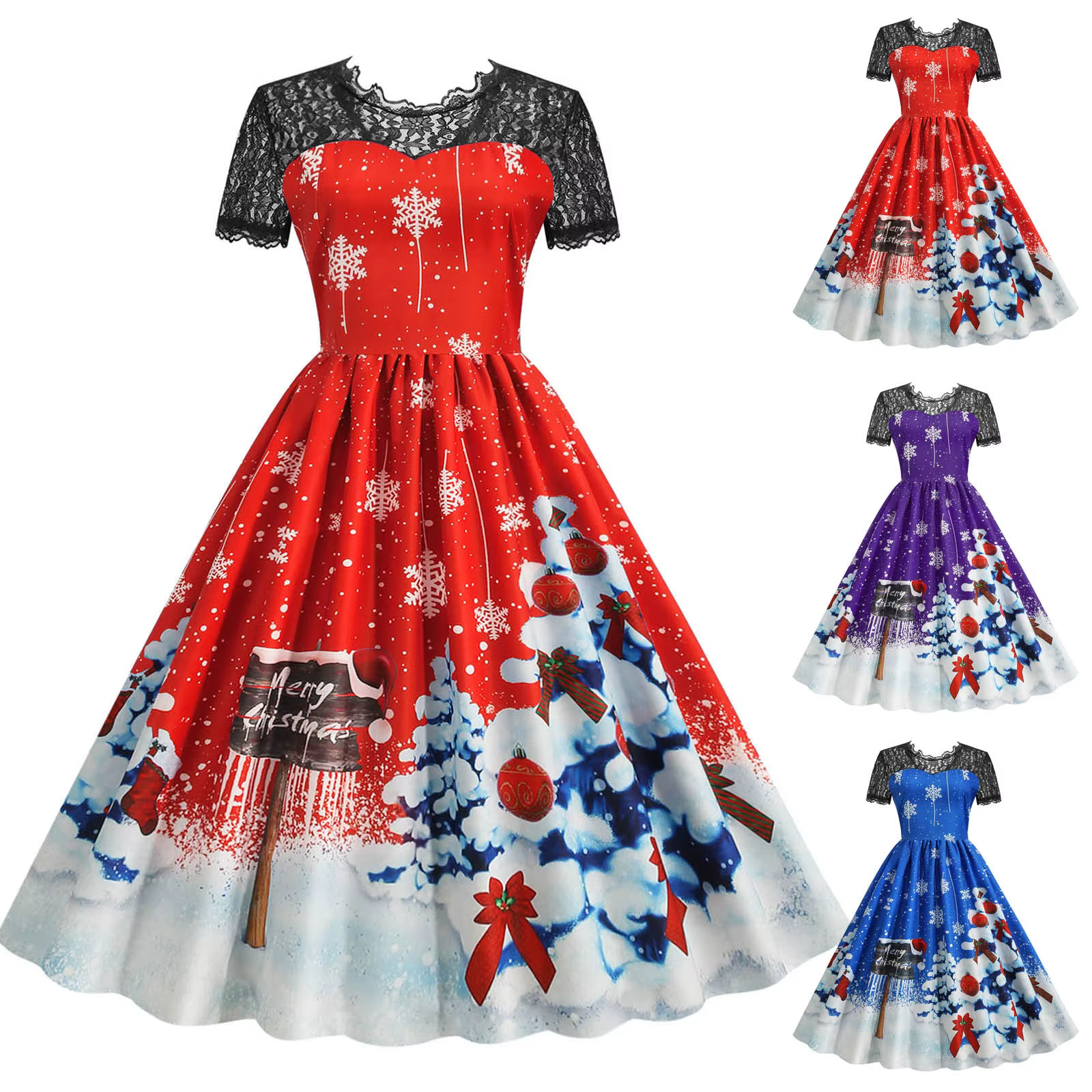 Lace Retro Christmas Dress Women Costumes Short Sleeve 50S 60S Swing Vintage Party Dresses Christmas Navidad Clothes Cosplay