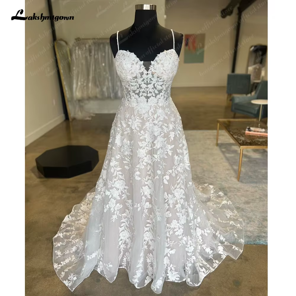 Lakshmigown Full Lace Appliques Wedding Dress for Women Customized Champagne Spaghetti Straps Bridal Gown vestidos para mujer