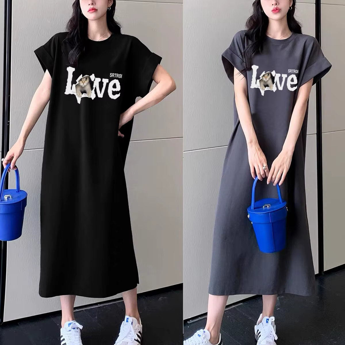Pass Time Summer Casual Slit Long One-piece Big-size Loose Women's Half-sleeved Baxy Homewear Daily OP1904