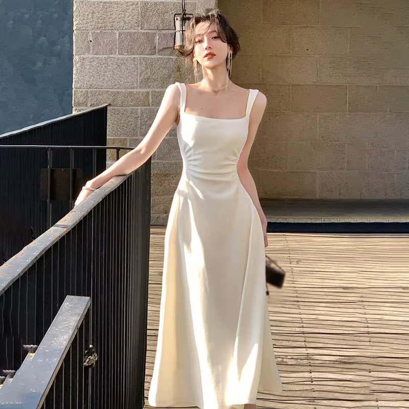 Temperament dress Women's dress Square collar Solid color Minimalist style Sexy Temperament Square Neck Long Dress for Women
