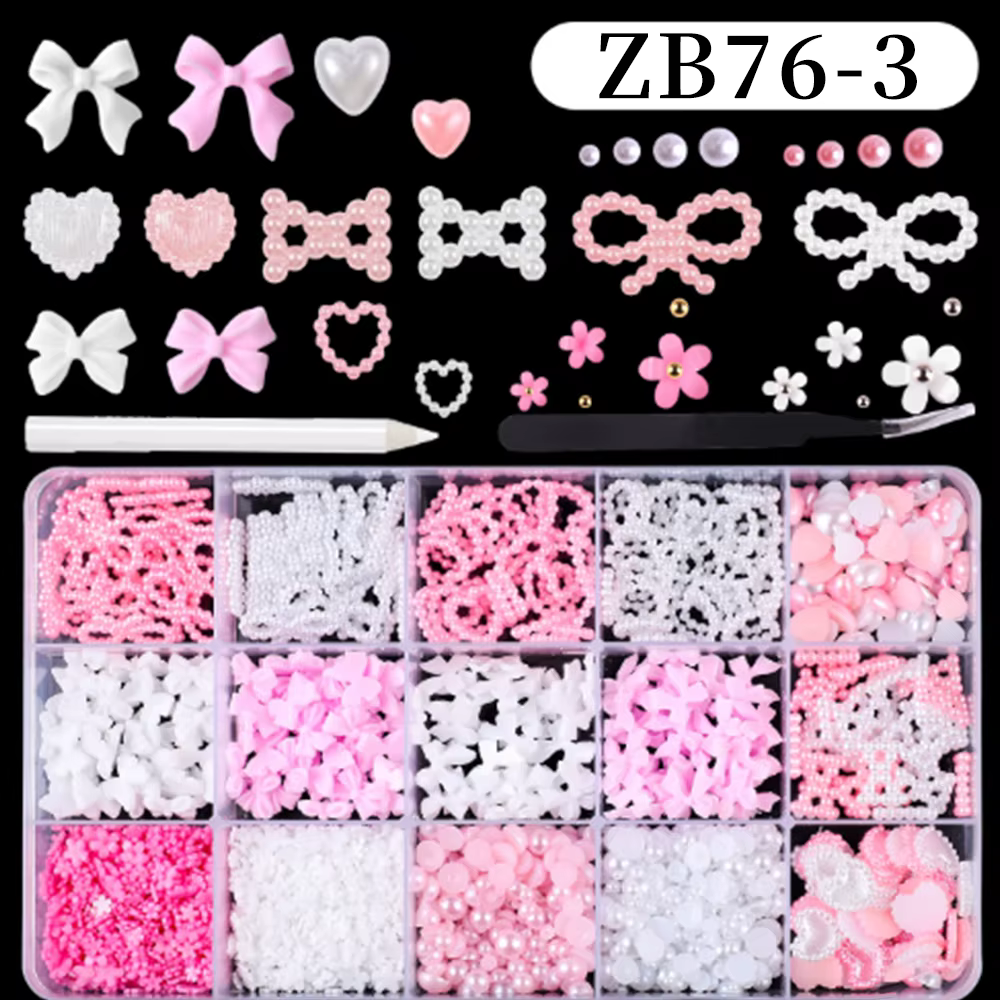 15/12Grid Mixed Bowknot/Heart/Pearl Kawaii Nail Art Decoartion 3D Pink/White/Blue Bow Nail Charms 1*SET Manicure Accessories
