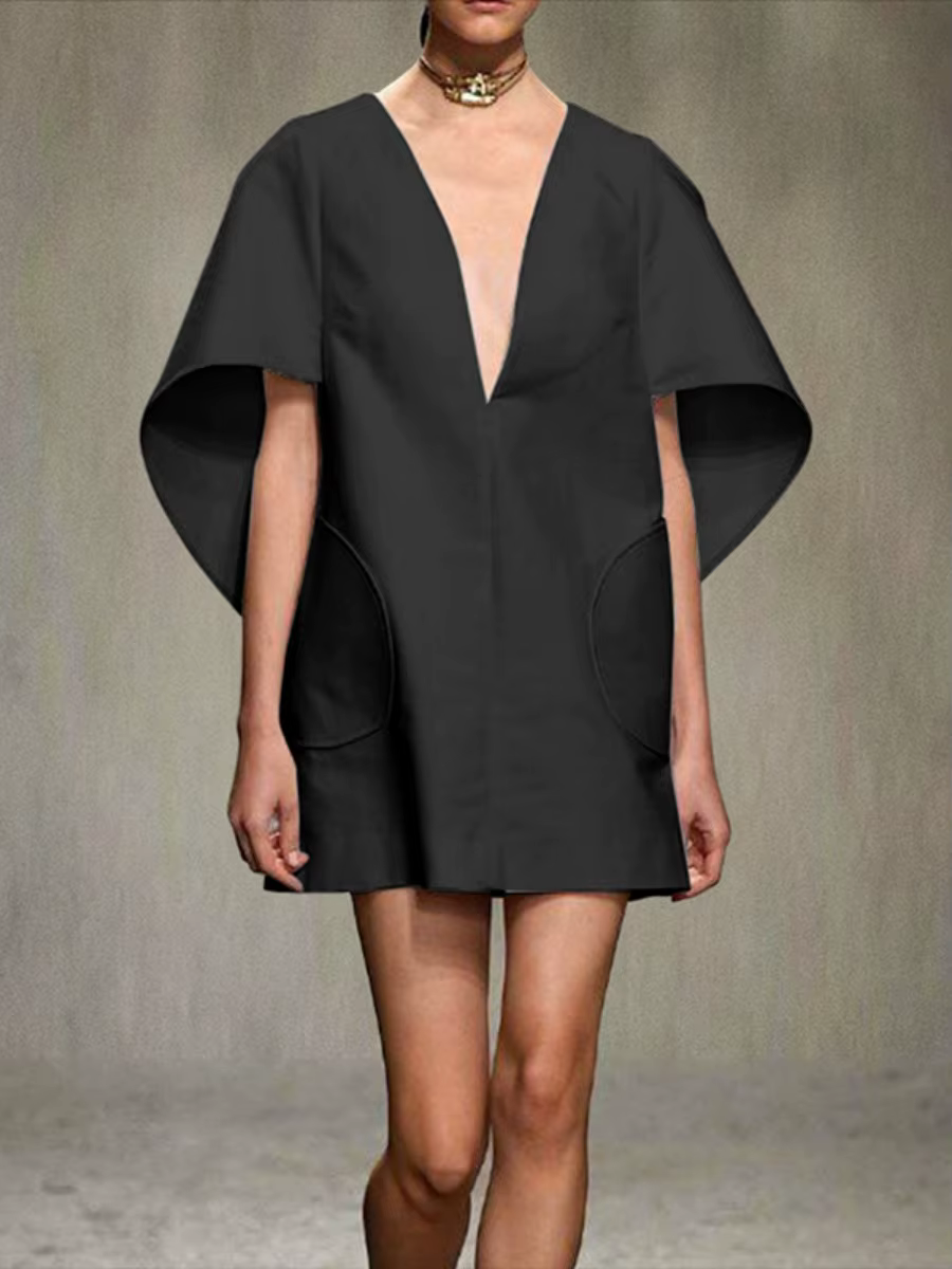 Freeacy Women's Solid Color Mini Dress for Women Deep V-neck Half Sleeves Loose Fit Dress Urban Female Stylish Summer Dress