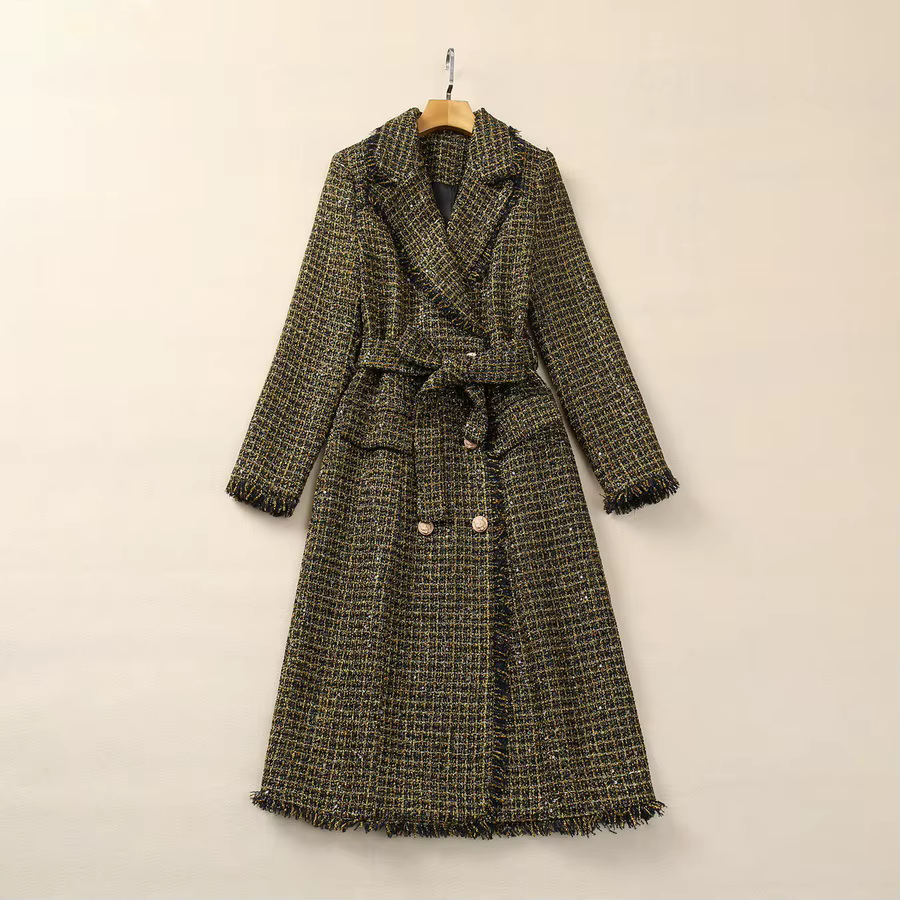 Europe and the United States women's 2024 winter new Long-sleeved fringe suit collar double-breasted Tweed jacket fashion  belt