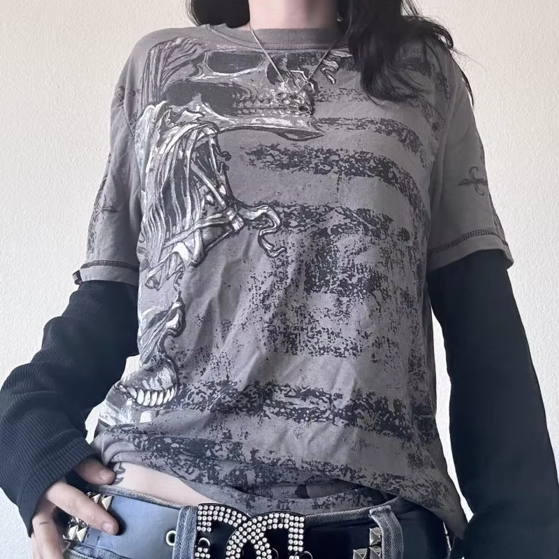Skull Graphic Print Tops Women Y2k Fairy Grunge T Shirt  Long Sleeve E-Girls 90s Vintage Emo Clothes Streetwear