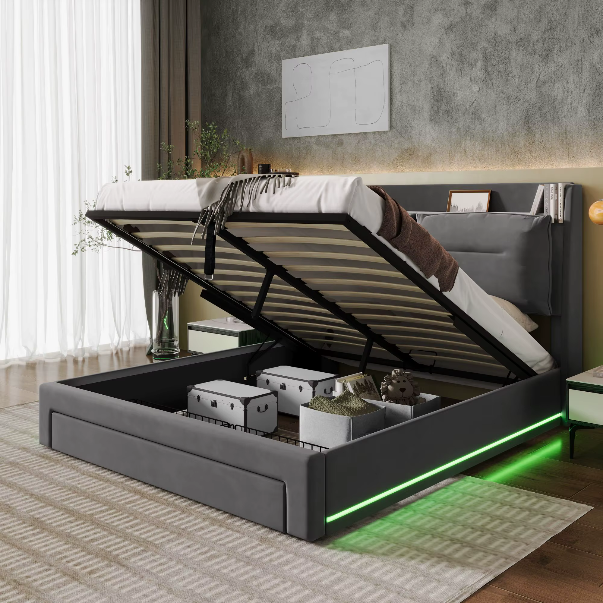 LED light pad bed, hydraulic bed, 2-in-1 storage drawers at the end of the bed, recessed LED light strips on both sides of the bed, slatted frame, without mattress, velvet, dark gray, 160x200 cm
