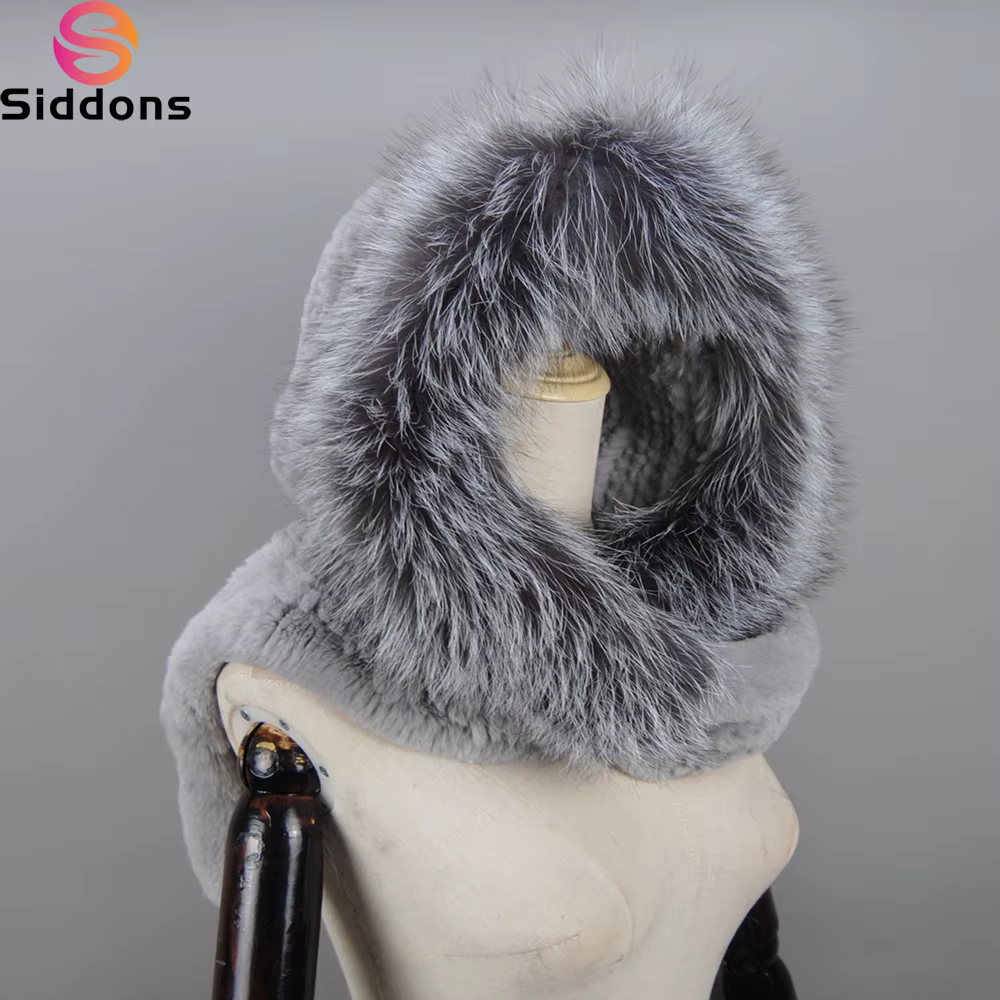 New Arrival Lady Real Rex Rabbit Fur Hat&Scarf Winter Warm Natural Fox Fur Hats&Scarves Women Knitted Genuine Fur Hooded Muffle