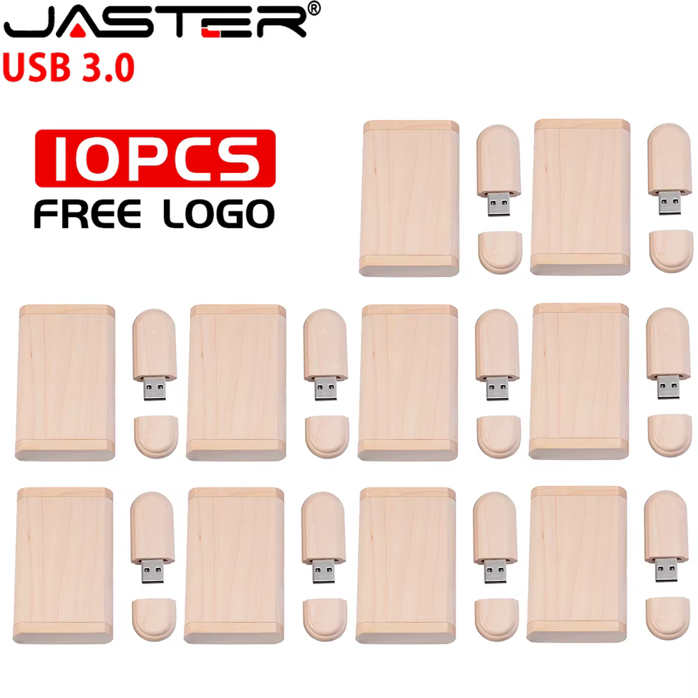 JASTER 10PCS/LOT Wooden USB 3.0 Flash Drive 128GB Pen drive 64GB 32GB with Box Memory Stick Creative gift U disk 16GB for Laptop