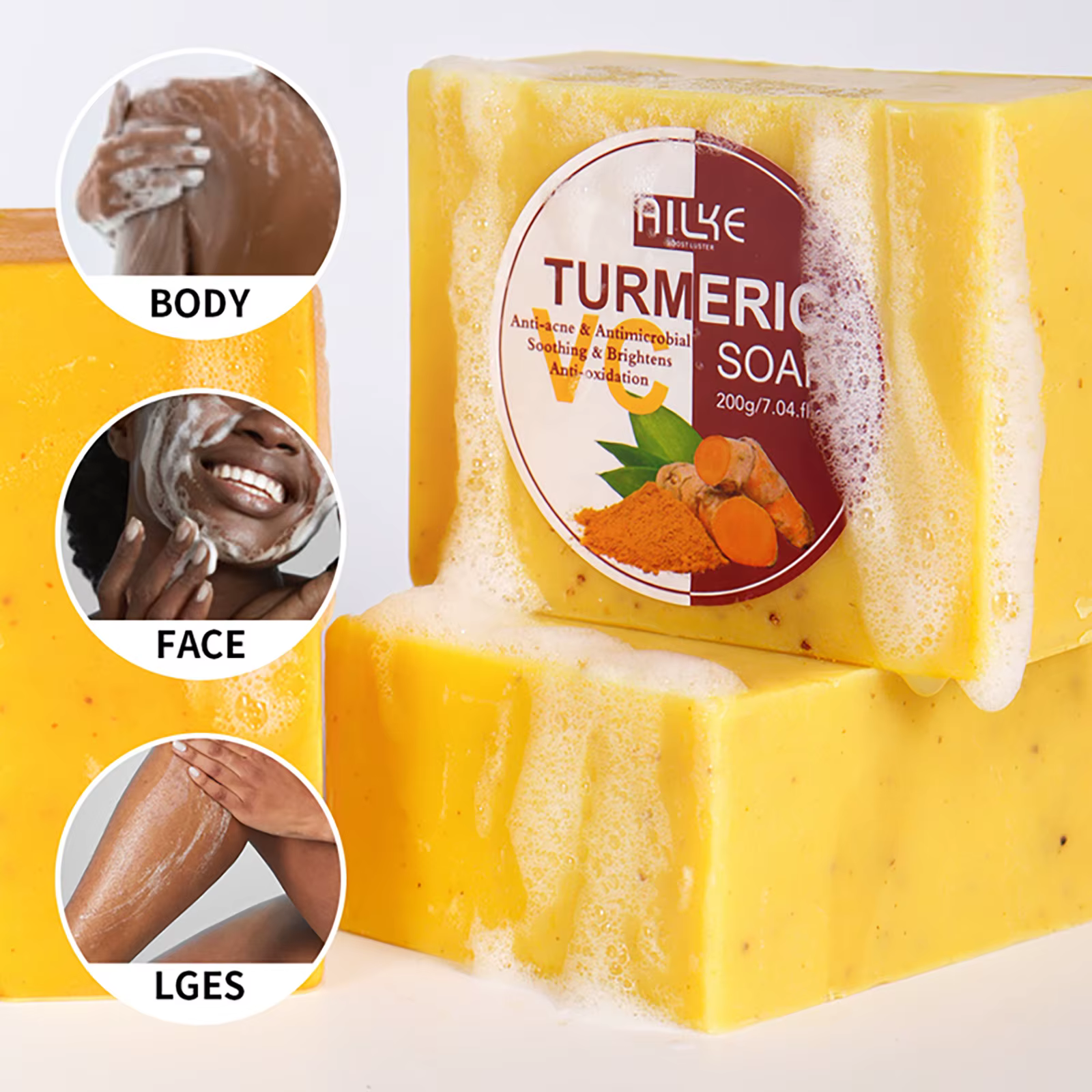 AILKE Natural Turmeric Soap for Face & Body, Lighten, Cleanses Skin, Even Tone, Brightening Bath Soap, Support Customized LOGO