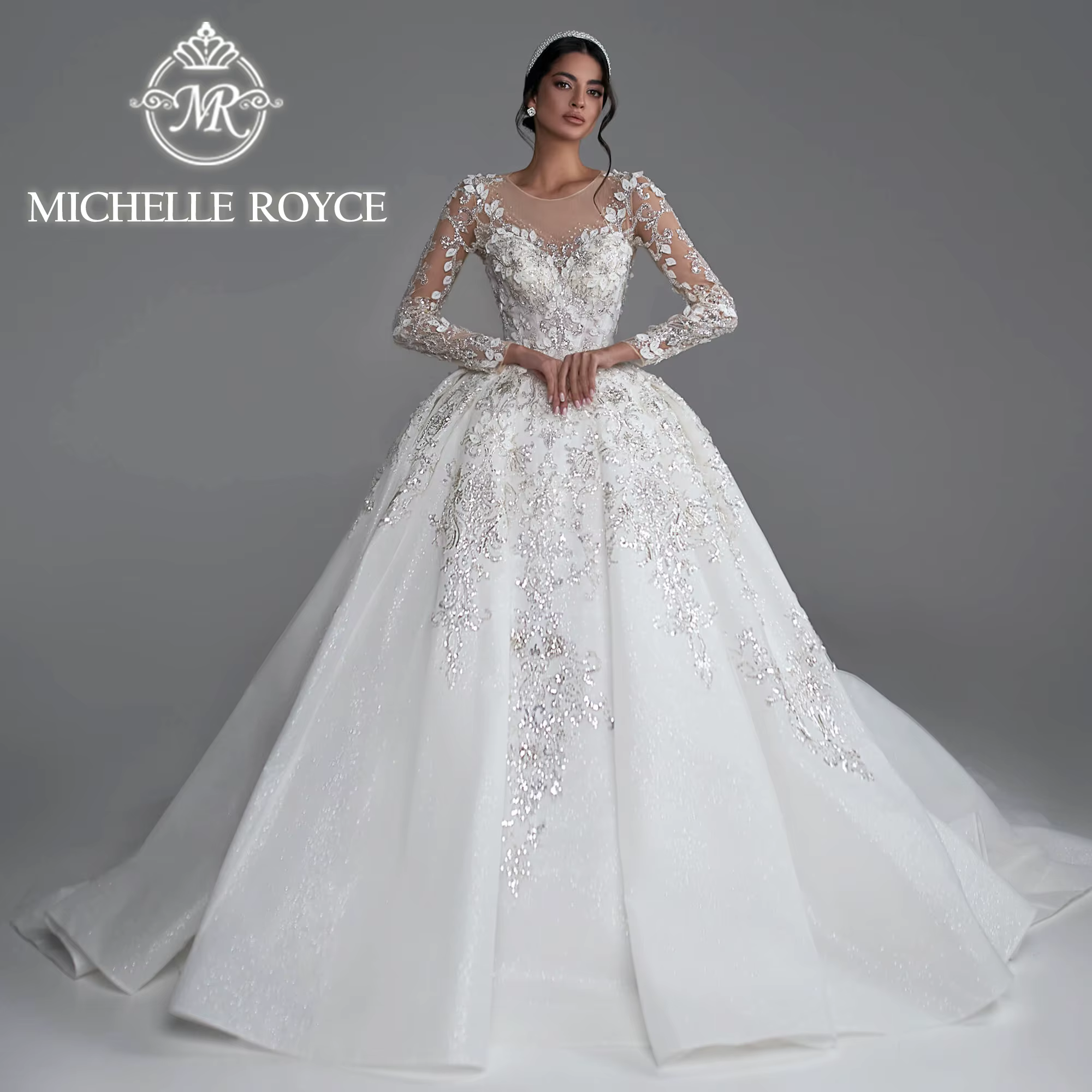 Michelle Royce Luxury Long Sleeve Ball Gown Wedding Dress 2024 Sweetheart Embroidery Glitter Lace Wedding Gown Vestidos De Novia