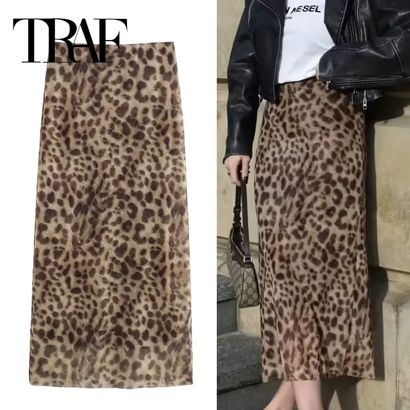 TRAF Leopard Print Midi Skirt Woman Tulle High Waist Long Skirts For Women 2024 Summer Vintage Mesh Skirt Elegant Women's Skits