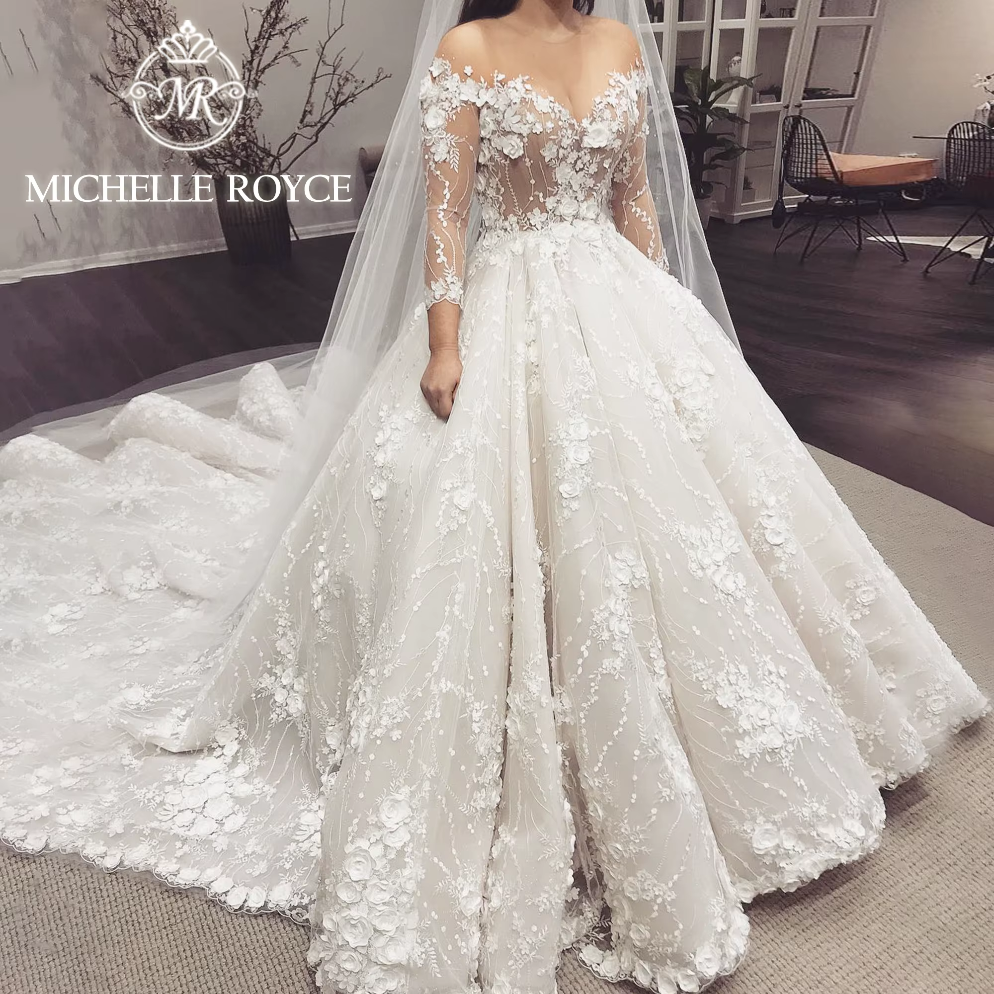 Michelle Royce Ball Gown Wedding Dress Long Sleeve V-neck 3D Flowers Appliques Wedding Gown For Bride 2022 Vestido De Novia