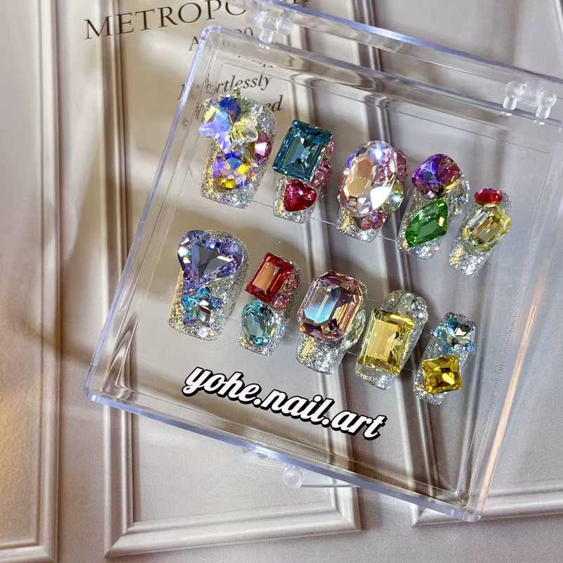 10Pcs Box-Packed Multicolored Crystal Press on Nails Bright Color Artificial Embellishment dDiamond Elegant Nail Art Enhancement
