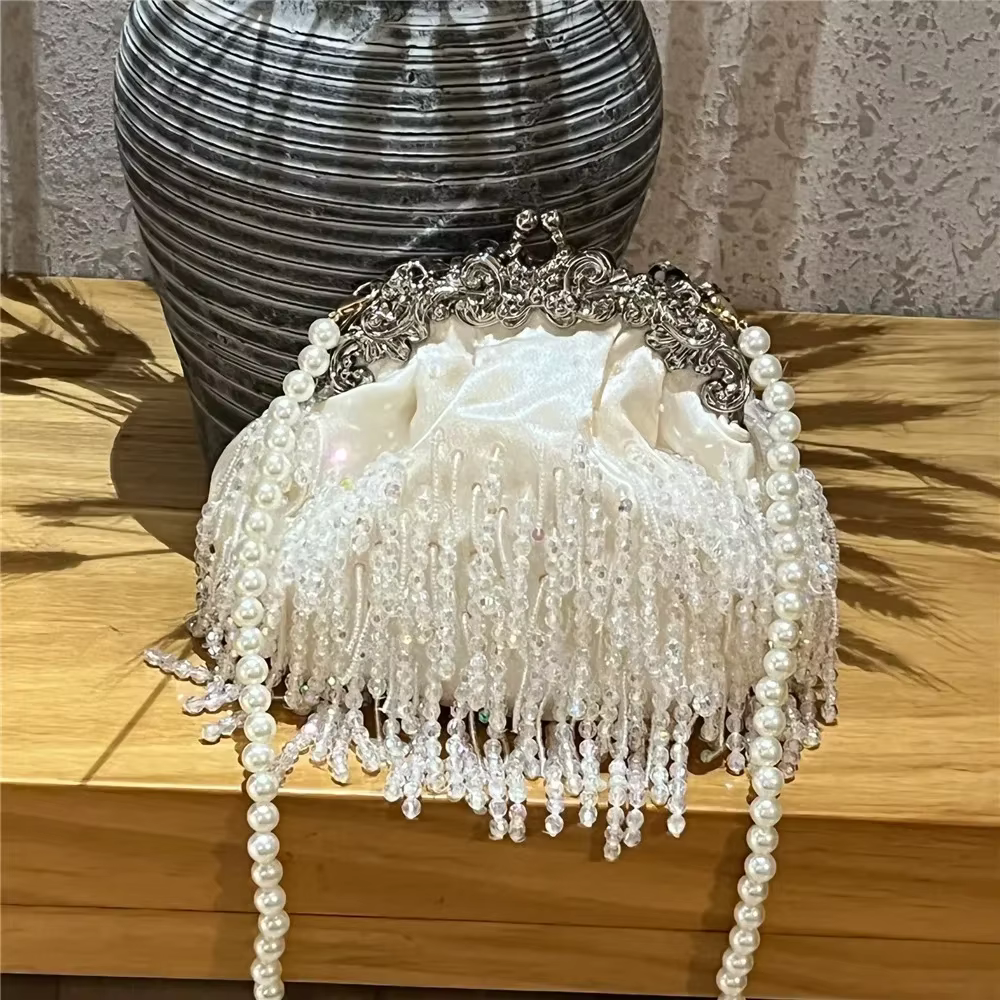 Beaded Tassel Gold Bag Lady Pearl Chain Satin Small Bag Purses and Handbags  Purses and Handbags Luxury Designer  Evening Bags