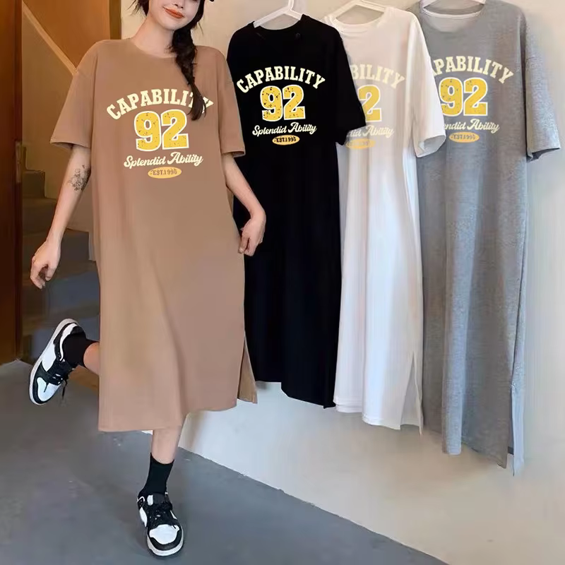 Pass-Time Women's Loose-over-fit Letter Thin-looking One-piece Homewear Long Ttee Comforted Daily Casual OP1759