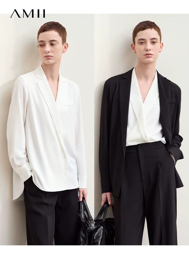 Amii Minimalism 2024 New Autumn Shirt for Women Long-sleeve Commuter Blazer Collar Loose Chiffon Shirt French Niche Top 12443087
