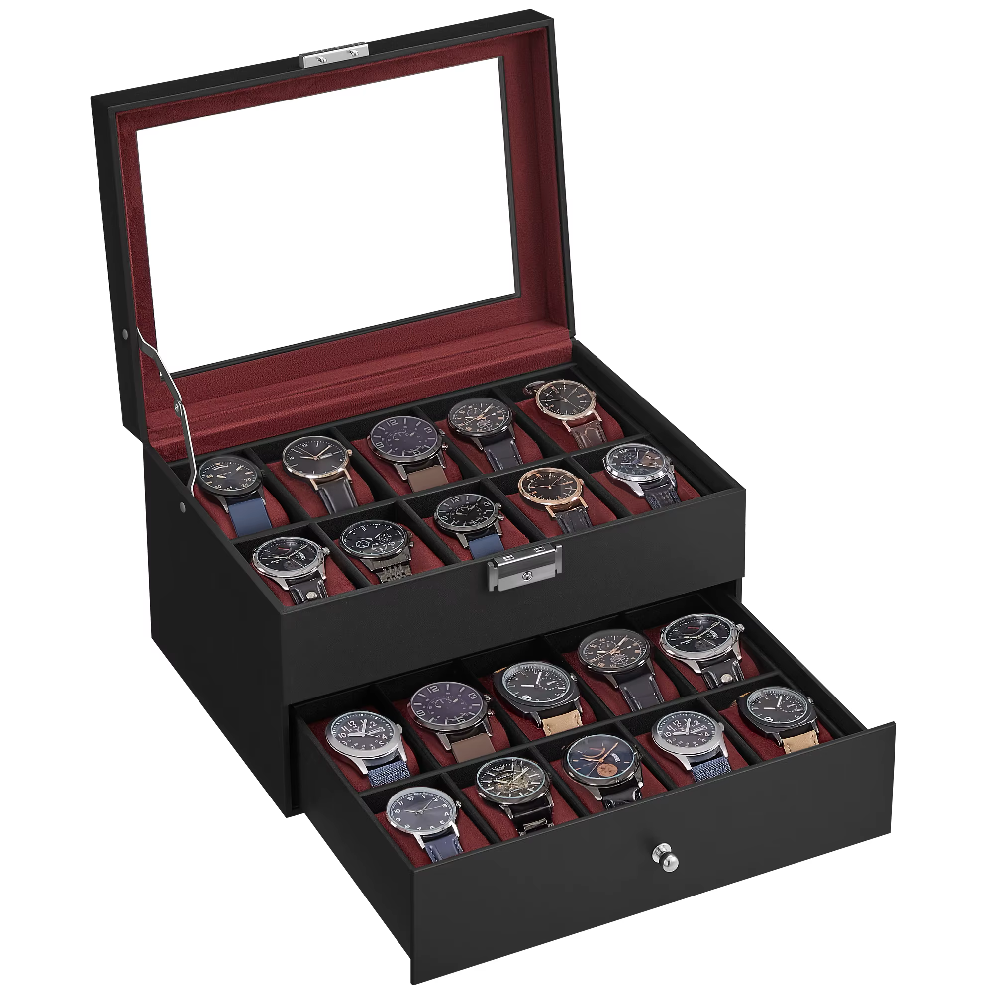 SONGMICS 20-Slot Watch Box, Watch Case with Glass Lid, 2 Layers, Lockable Watch Display Case