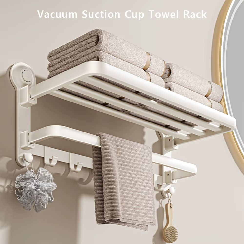 Cream White Bathroom Vacuum Suction Cup Towel Rack Grey 50/60cm Folding Towel Rack with Hook Wall Mounted Shelf Storage Rack