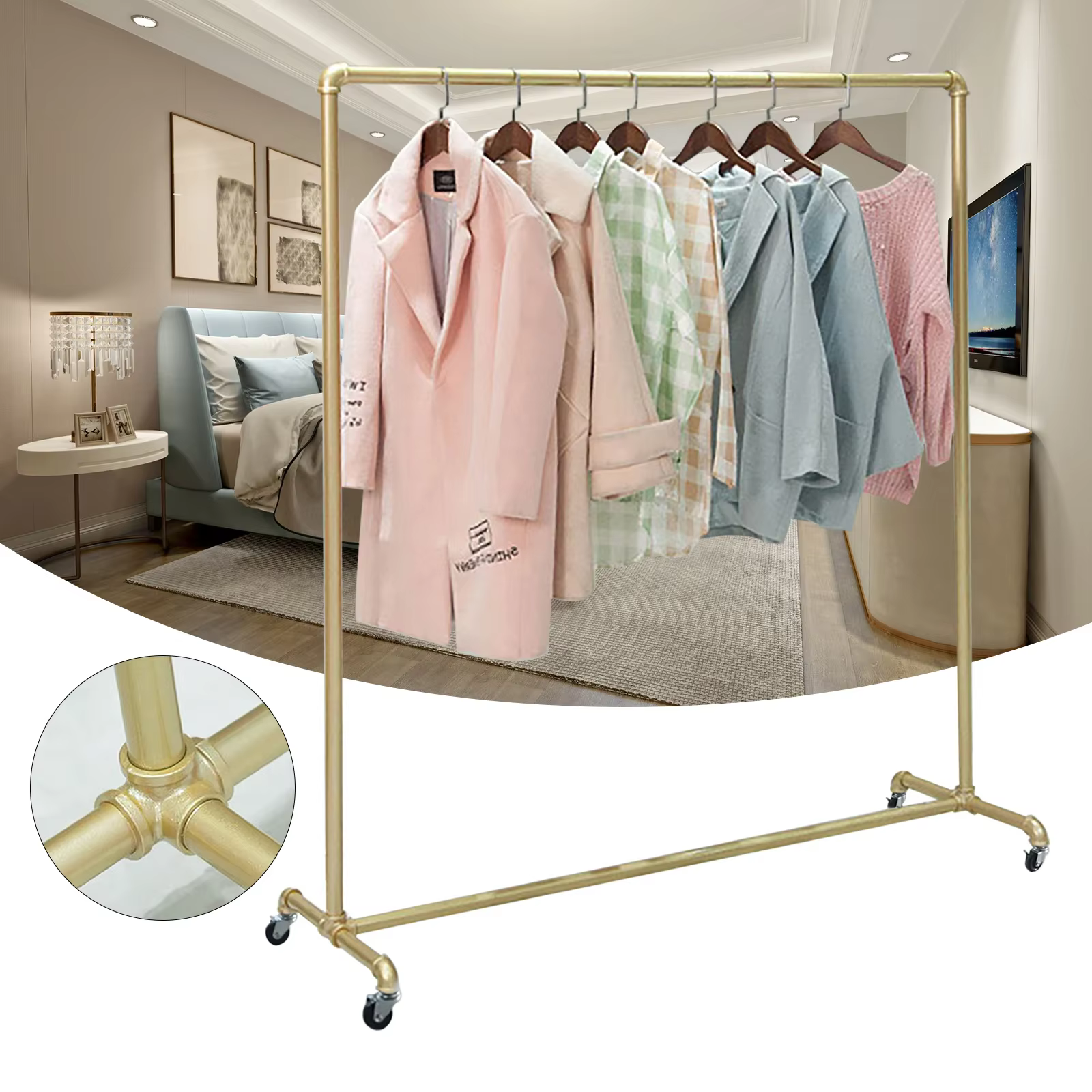 2Rods Garment Rack with Wheels Heavy Duty Clothing Rack for Hanging Clothes Gold Multi-functional Bedroom Clothes Rack