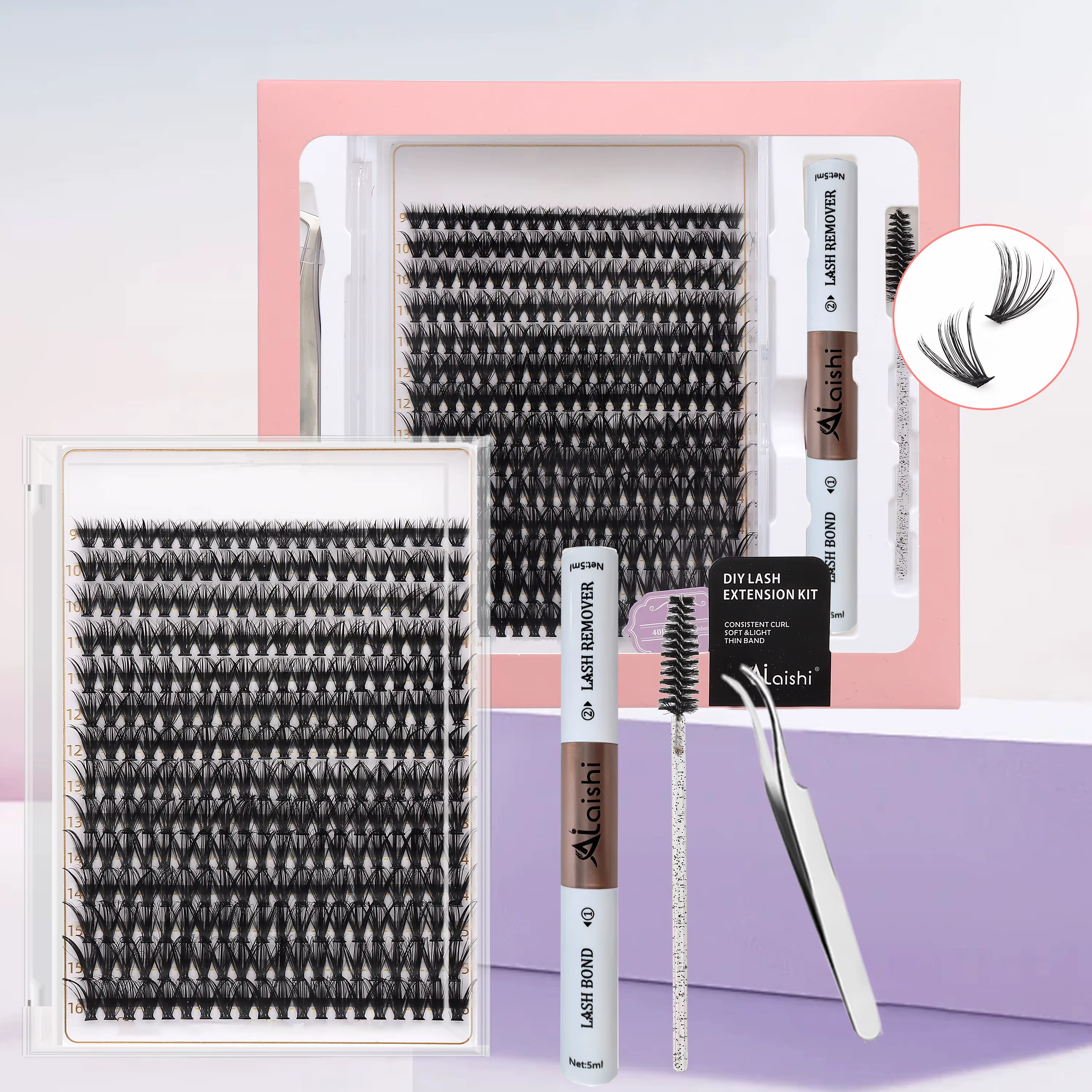 AILAISHI DIY Lash Extension Kit 280pcs Individual Lashes Cluster 9-16mm Mix 40D with Lash Bond and Seal and Remover Lash