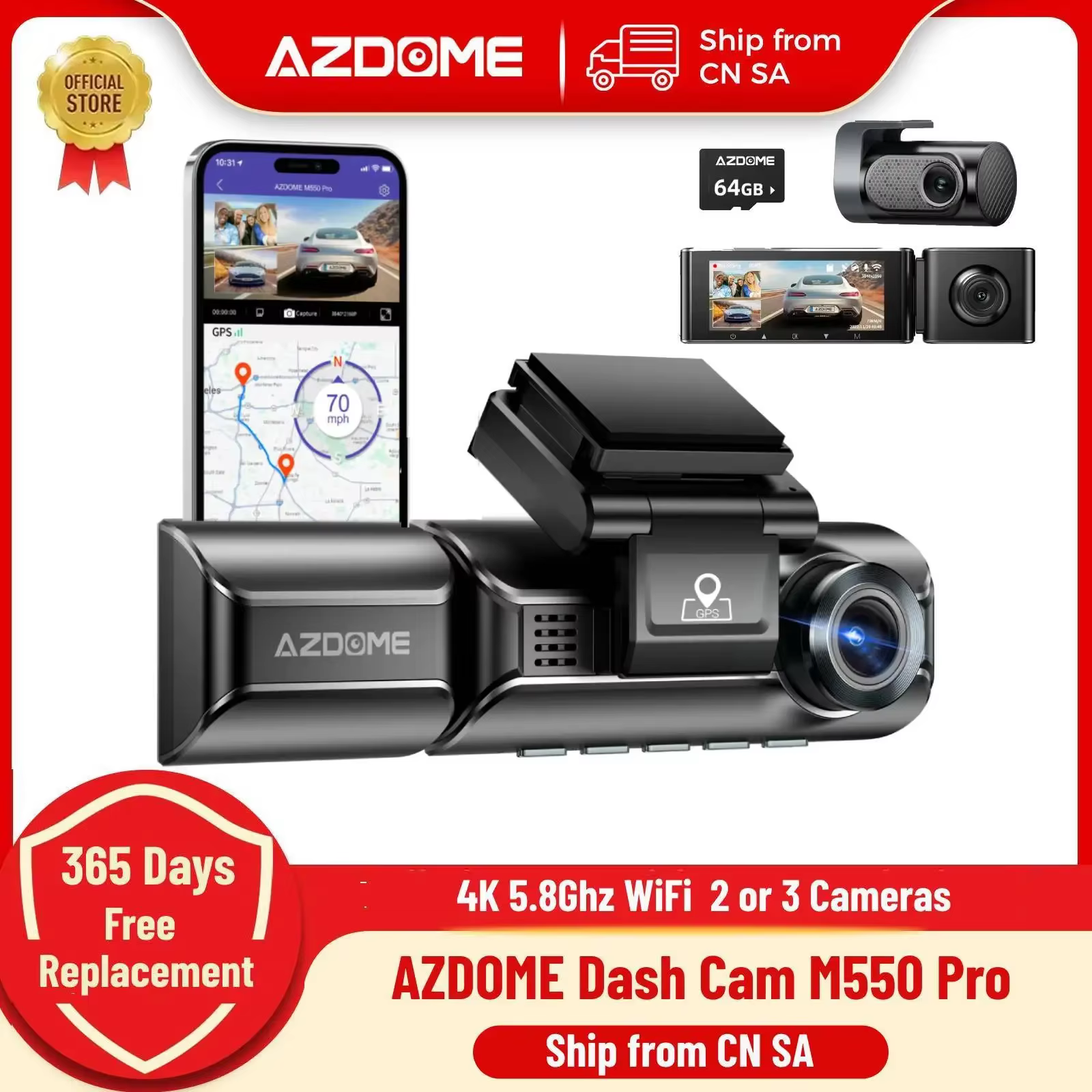 Upgrade AZDOME M550 Pro Car DVR Dash Cam 4K 5.8Ghz WiFi 2/3 Cameras Front/Cabin/Rear Cam GPS Night Vision Parking Monitor داش كا