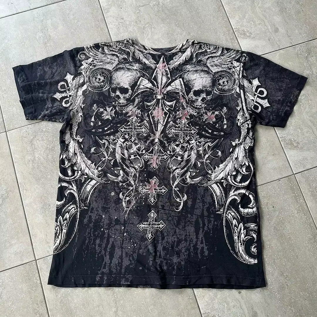 American New Fashion Oversized Skull Print T Shirt Womens Y2K Gothic Harajuku Retro Hip Hop Popular Casual Couple Short Sleeves