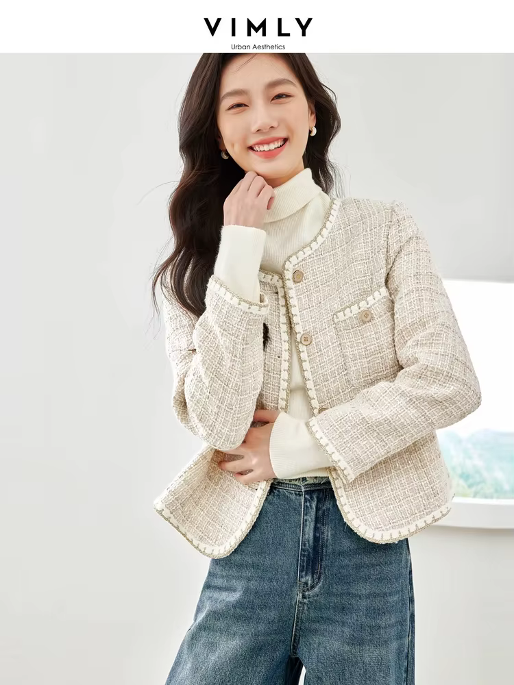 Vimly French Style Elegant Tweed Jacket Women 2024 Spring Fashion Wool Blend Coat Long Sleeve Round Neck Outerwear Clothes V7618