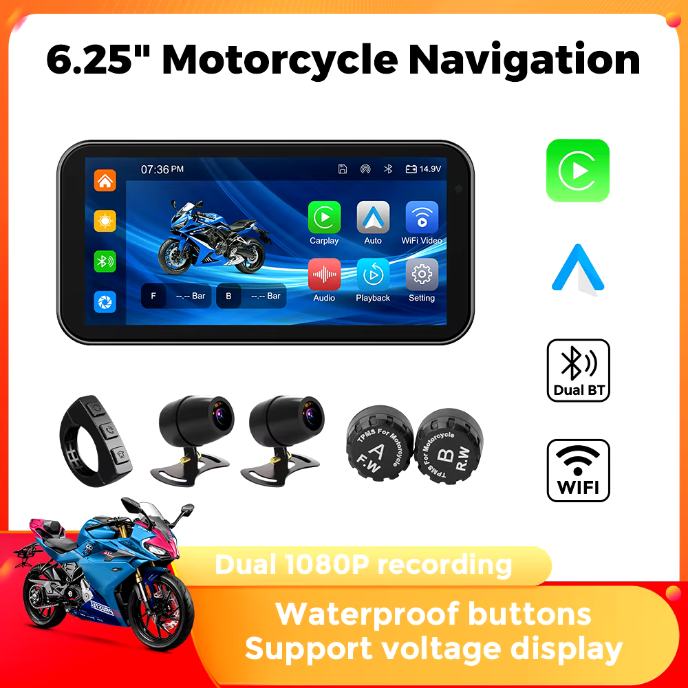 Portable 6.25 inch IP67 Waterproof Motorcycle GPS Navigation Wireless Carplay Android Auto DVR Drive Recorder Moto Monitor WIFI
