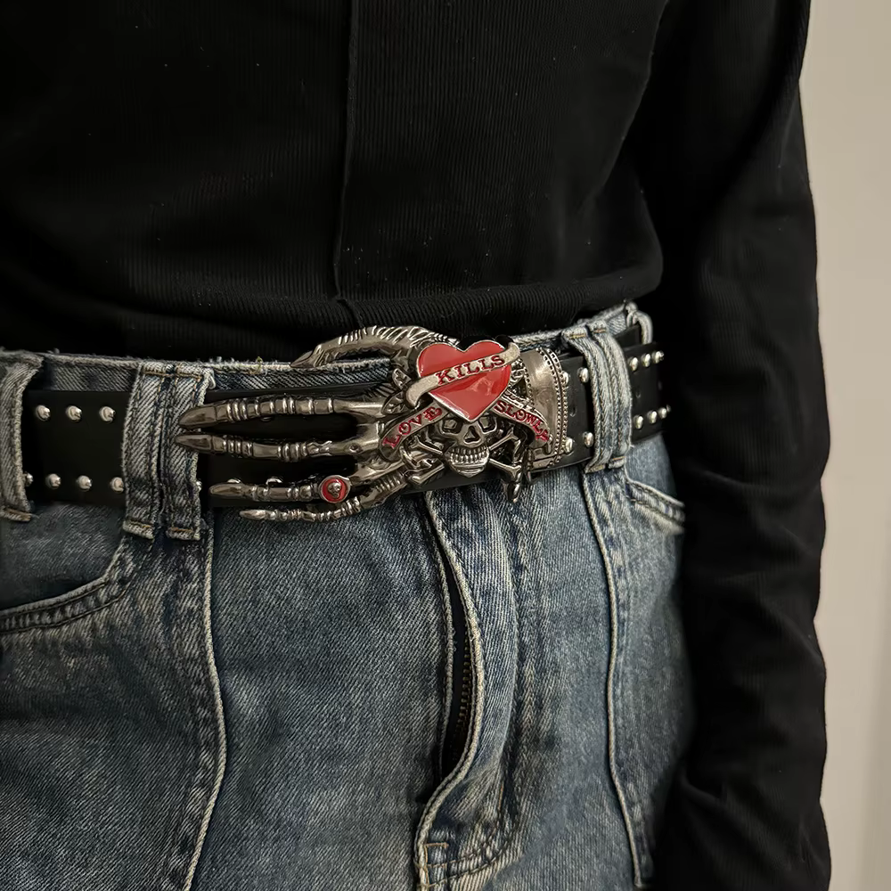 Unisex Jeans Belt Gothic Punk Y2k Designer Belts For Women Plus Size Skull Hand Heart Rivet Black Men's Belt Male Dark series