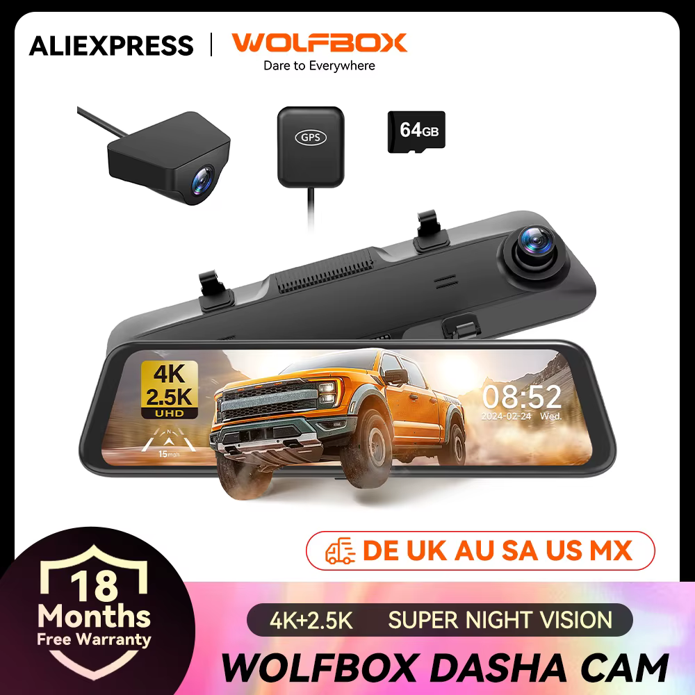 WOLFBOX G900 4K+2.5K Rearview Dash Cam 12" IPS Screen WDR 170 FOV Rear Cam Gps Mirror Car Recorder Stream Media Car DVR