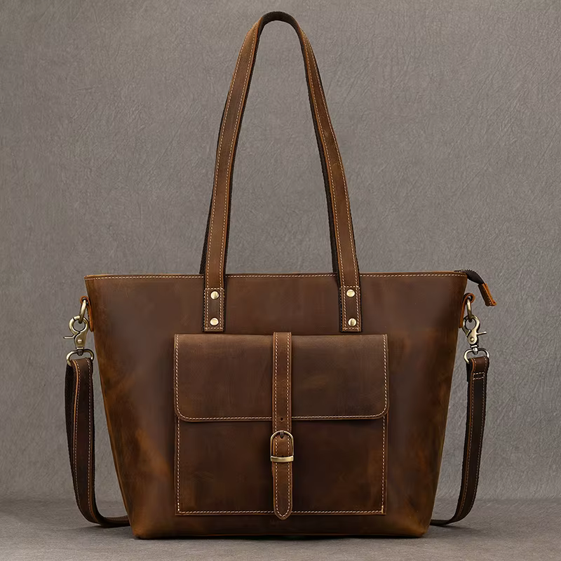Luufan Genuine Leather Women‘s Tote Big Capacity Daily Business Handbag 14 inch PC Bag Female Large Travel Shoulder Message Bag