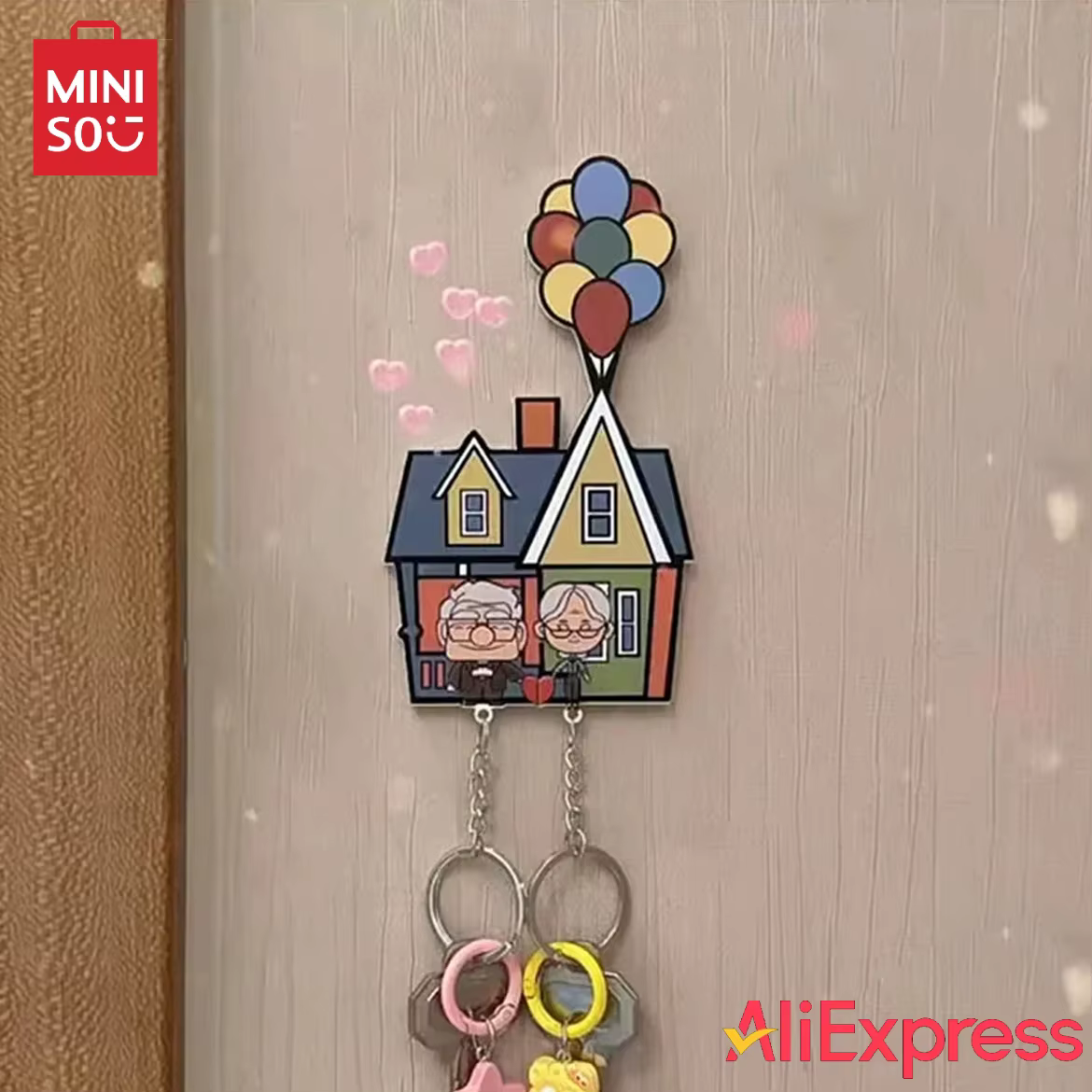 MINISO Couple Key Holder Shared Keychain Hanger Door Prevent Loss Key Lover House Up Moive Key Ring Home Decor For Girl Gift