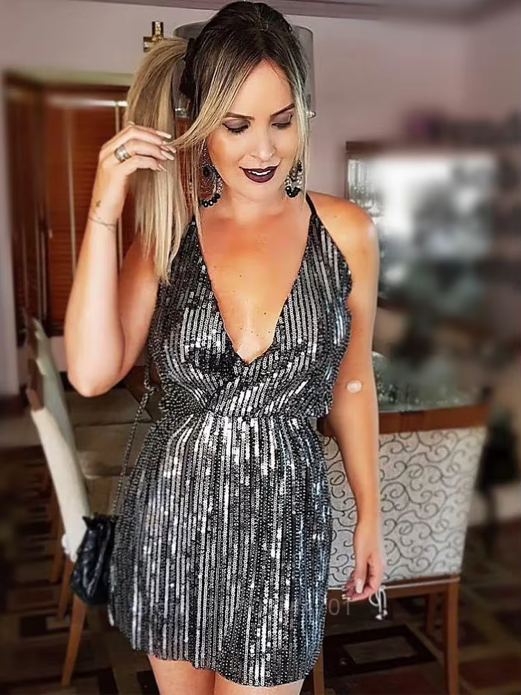 Cocktail Dress V Neck Strappy Backless Slim Sequin Party Club Mini Dress Solid Straight Pajamas Party Dress Vestido Sexy Dress