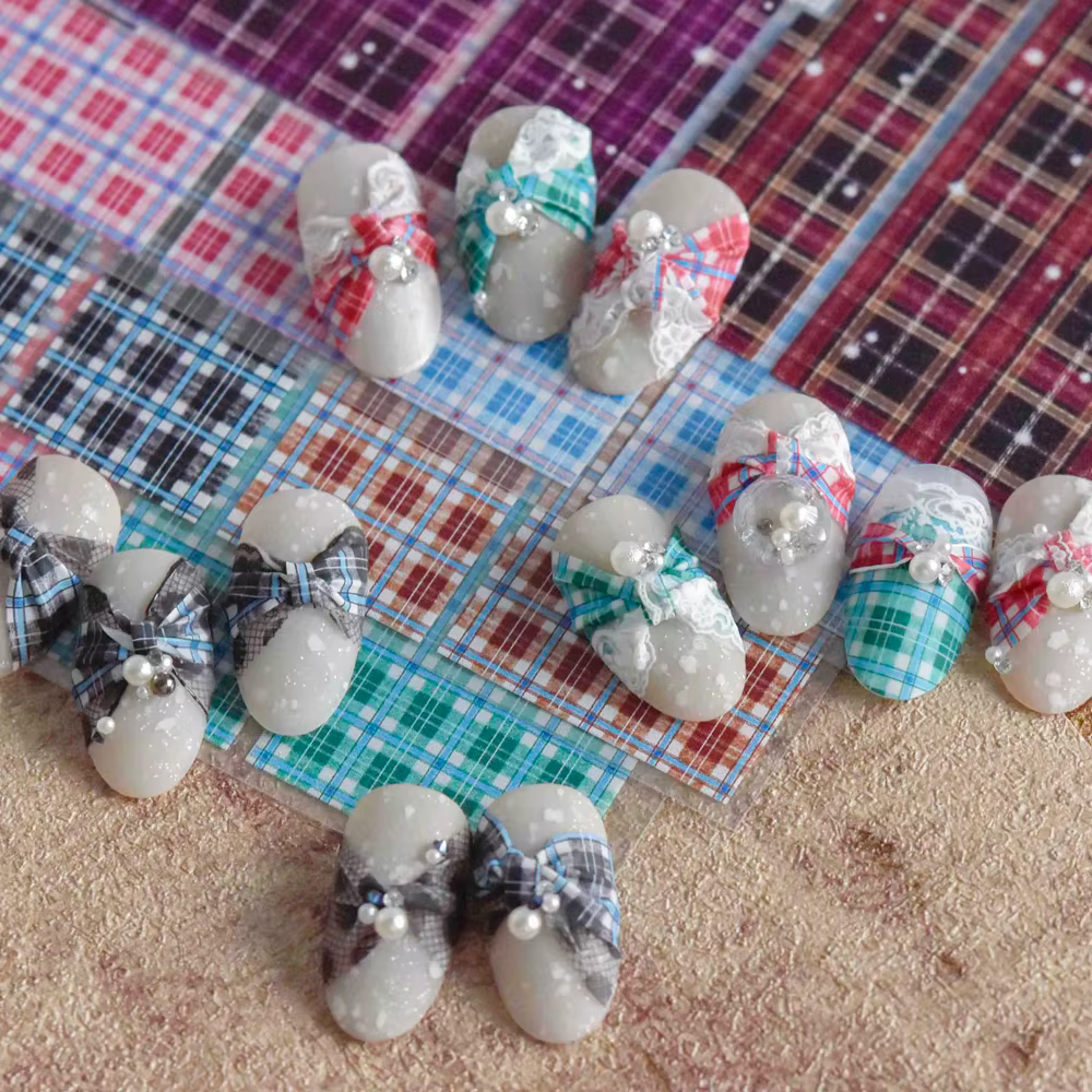 1 Sheet  Stickers Nail Art  Decorations Japanese 5D DIY Plaid Pattern Butterfly Embossed Transfer Decals Accessories Manicure