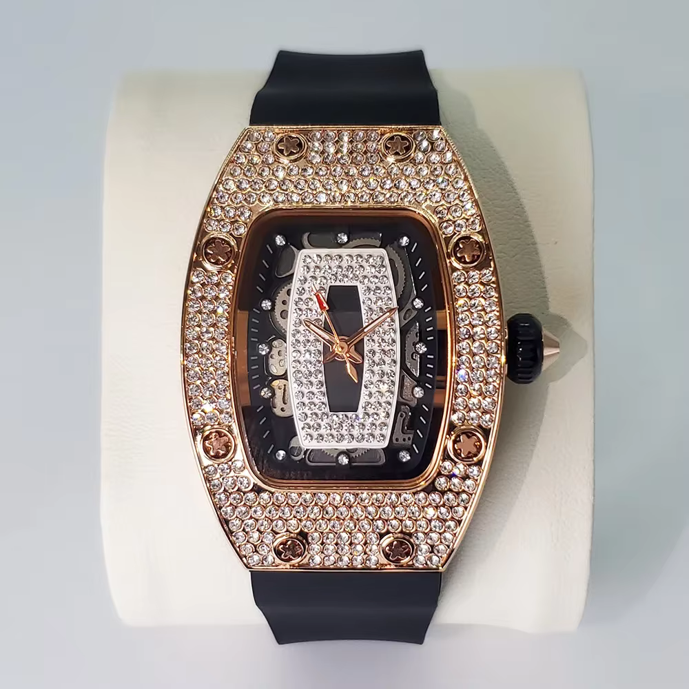 Fashion Rose Iced Watches Women Casual Silicone Strap Quartz Dress Full Diamond AAA Tonnneau Watch For Ladies Dropshipping