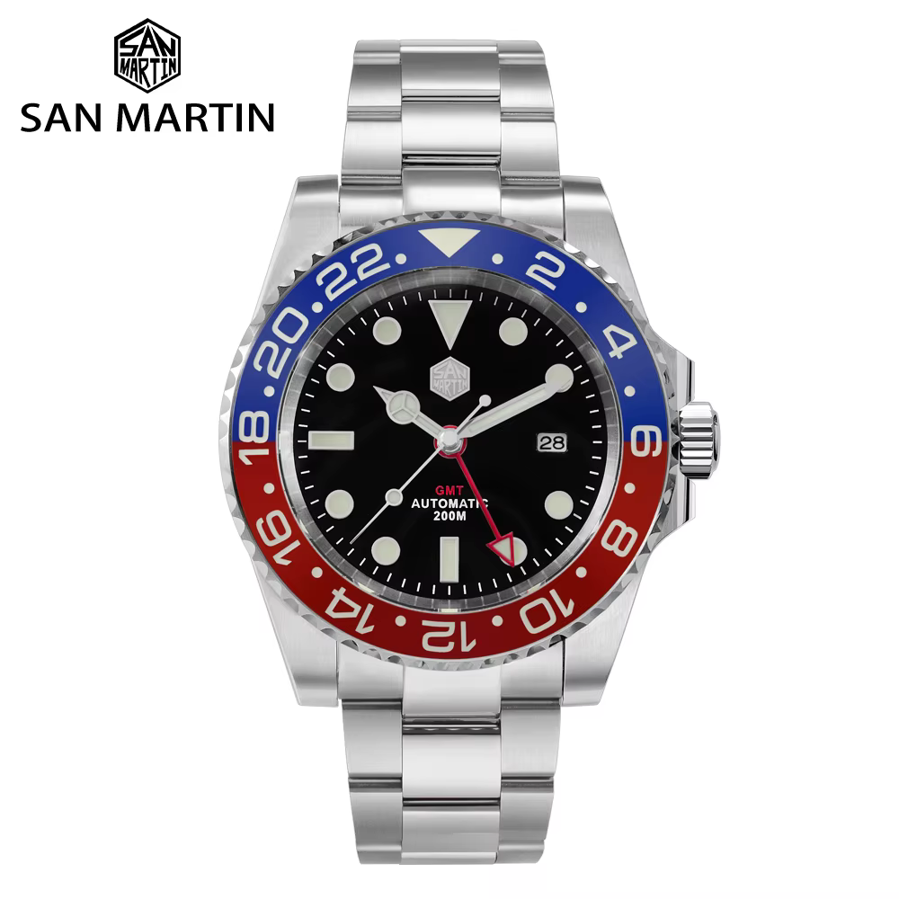 San Martin Luxury Men Mechanical Watches GMT Business Self Winding Wrist Watch Sapphire Waterproof 200m Date Full Luminous
