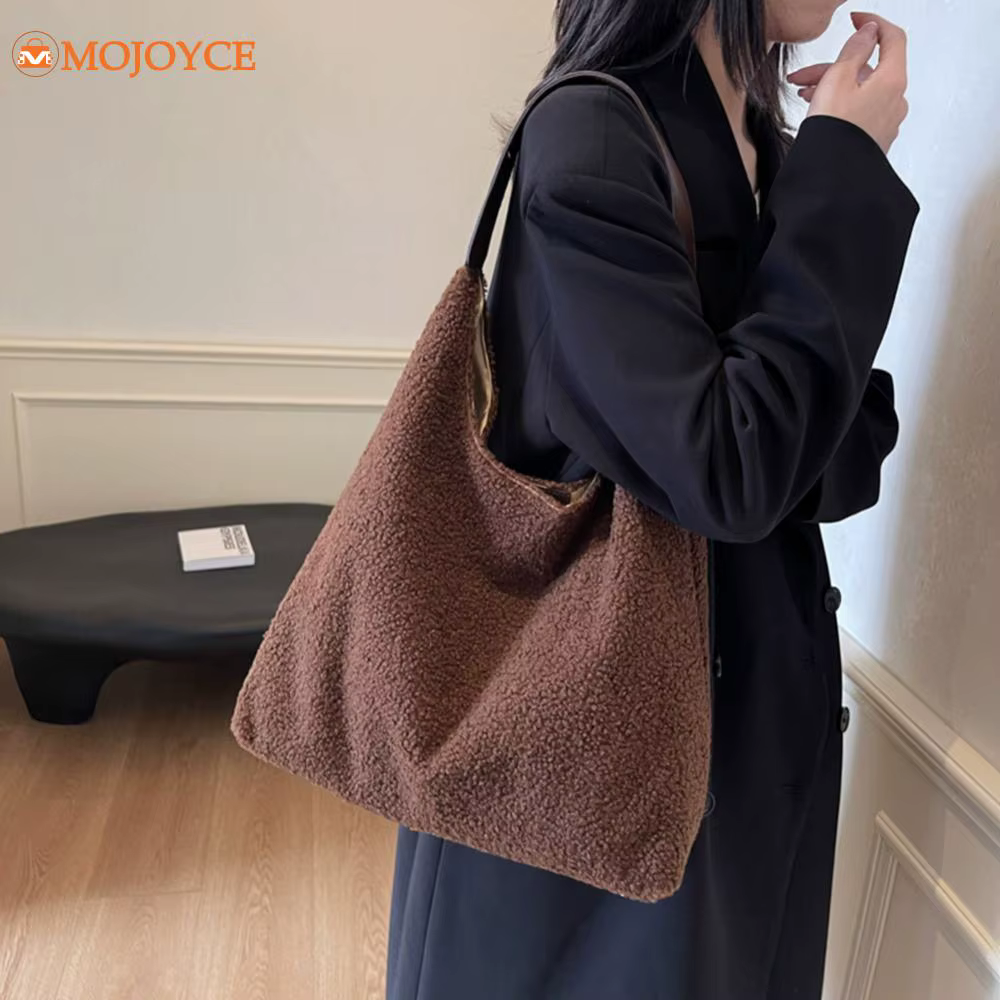 Autumn Winter Lamb Wool Shoulder Bags for Women's Large Capacity Furry Underarm Bags Solid Color Casual Tote Bags Fluffy Handbag