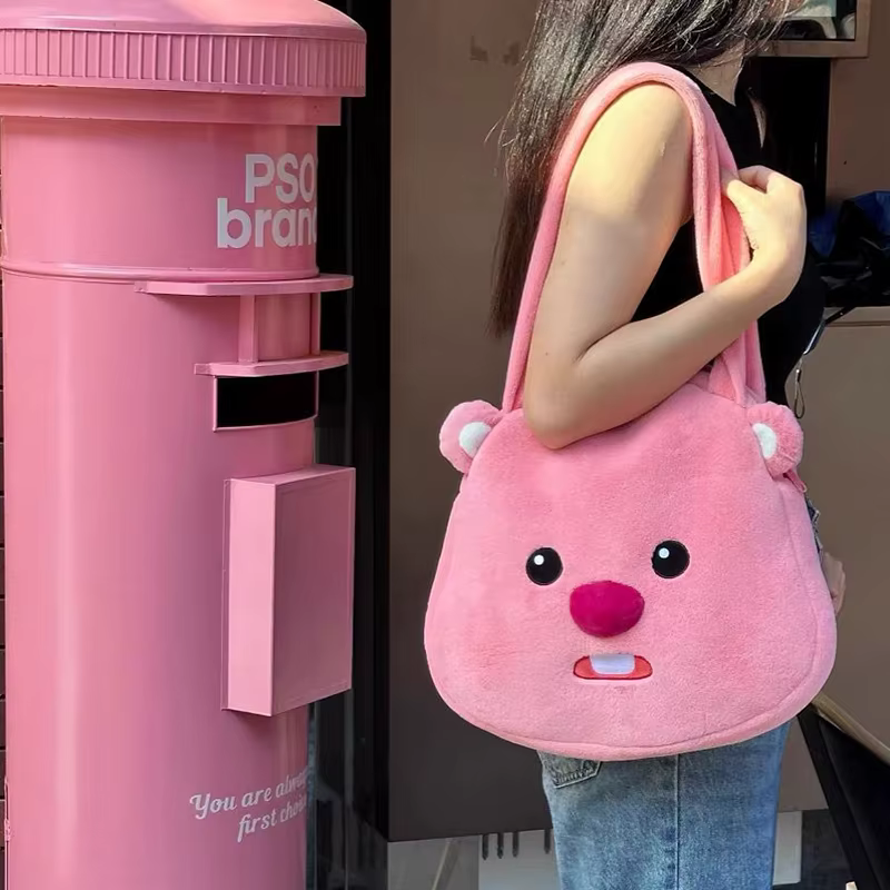 Kawaii Loopy Plush Shoulder Bags Cartoon Pink Beaver Large Capacity Bag Cute Anime Tote Handbags Bag Birthday Gifts Women Girls