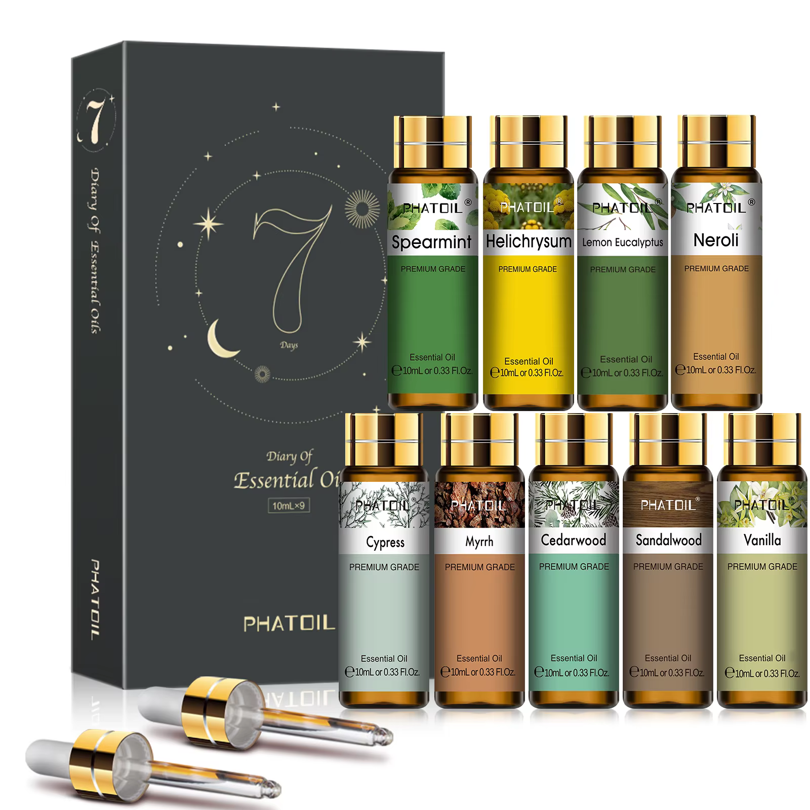 PHATOIL 9PCS Essential Oil Set For Diffuser 10ml Spearmint Helichrysum Lemon Eucalyptus Neroli Cypress Myrrh Sandalwood Vanilla