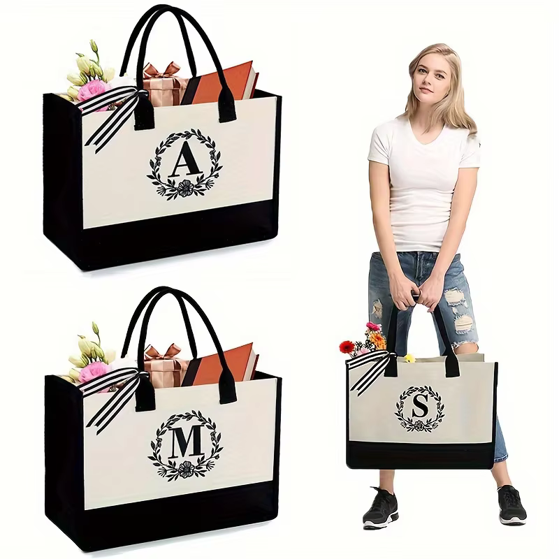 Women's Letter Gift Handbag, Personalized Initials Canvas Beach Bag, Suitable for Wedding, Festival Gifts, Gifts for Women